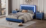 Full Size Upholstered Bed Frame with LED Lights,Modern Velvet Platform Bed with Tufted Headboard,Blue