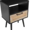 15.75" Rattan End table with Power Outlet & USB Ports , Modern nightstand with drawer and solid wood legs, side table for living room, bedroom,black