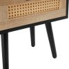 15.75" Rattan End table with Power Outlet & USB Ports , Modern nightstand with drawer and solid wood legs, side table for living room, bedroom,black