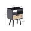 15.75" Rattan End table with Power Outlet & USB Ports , Modern nightstand with drawer and solid wood legs, side table for living room, bedroom,black