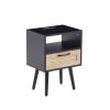 15.75" Rattan End table with Power Outlet & USB Ports , Modern nightstand with drawer and solid wood legs, side table for living room, bedroom,black