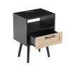 15.75" Rattan End table with Power Outlet & USB Ports , Modern nightstand with drawer and solid wood legs, side table for living room, bedroom,black