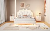 Full Upholstered Smart LED Bed Frame with Elegant Flowers Headboard,Floating Velvet Platform LED Bed with Wooden Slats Support