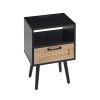 15.75" Rattan End table with Power Outlet & USB Ports , Modern nightstand with drawer and solid wood legs, side table for living room, bedroom,black