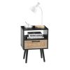 15.75" Rattan End table with Power Outlet & USB Ports , Modern nightstand with drawer and solid wood legs, side table for living room, bedroom,black