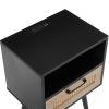 15.75" Rattan End table with Power Outlet & USB Ports , Modern nightstand with drawer and solid wood legs, side table for living room, bedroom,black