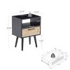 15.75" Rattan End table with Power Outlet & USB Ports , Modern nightstand with drawer and solid wood legs, side table for living room, bedroom,black