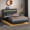 Queen Size Floating Bed Frame with LED Lights and USB Charging,Modern Upholstered Platform LED Bed Frame