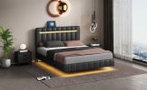 Queen Size Floating Bed Frame with LED Lights and USB Charging,Modern Upholstered Platform LED Bed Frame