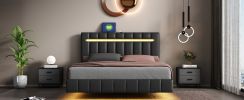 Queen Size Floating Bed Frame with LED Lights and USB Charging,Modern Upholstered Platform LED Bed Frame