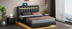 Queen Size Floating Bed Frame with LED Lights and USB Charging,Modern Upholstered Platform LED Bed Frame